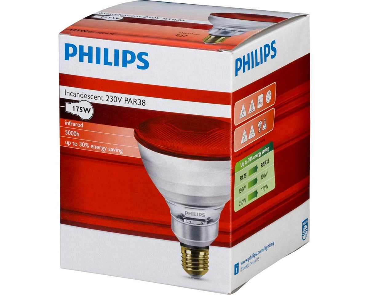 Philips Infrarotlampe PAR38 IR 175W E27, rote Infrarotlampe mit 5000 Std Lebensdauer, dimmbar