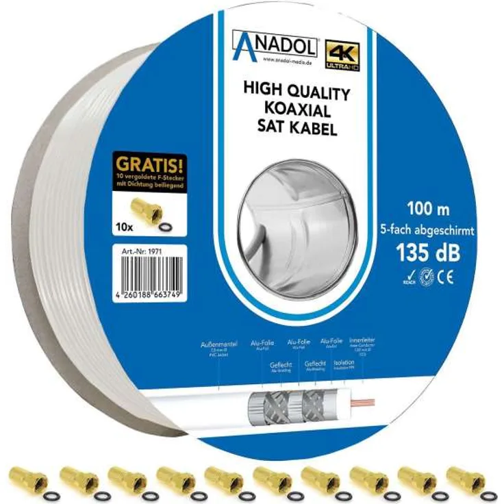 Anadol Koax Sat Kabel 100m CCS 135dB 5fach Brandschutz EN 50575 HQ inkl. 10 F-Stecker
