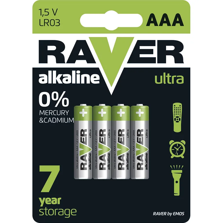 EMOS Raver Ultra Alkaline AAA Micro Batterien | 1,5 V | LR03 | 4 Stück | 7 Jahre lagerfähig, 1.5 V