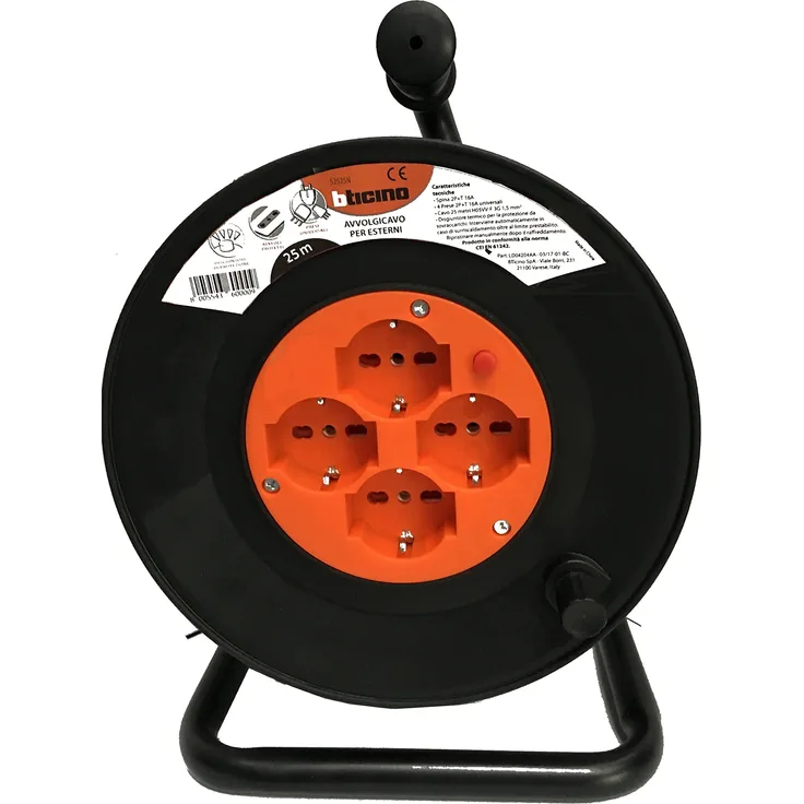 Bticino s2525 N Kit Kabeltrommel 3 x 1.5, 25 m, 4 Steckdosen PLURISTANDARD, Schwarz-Orange