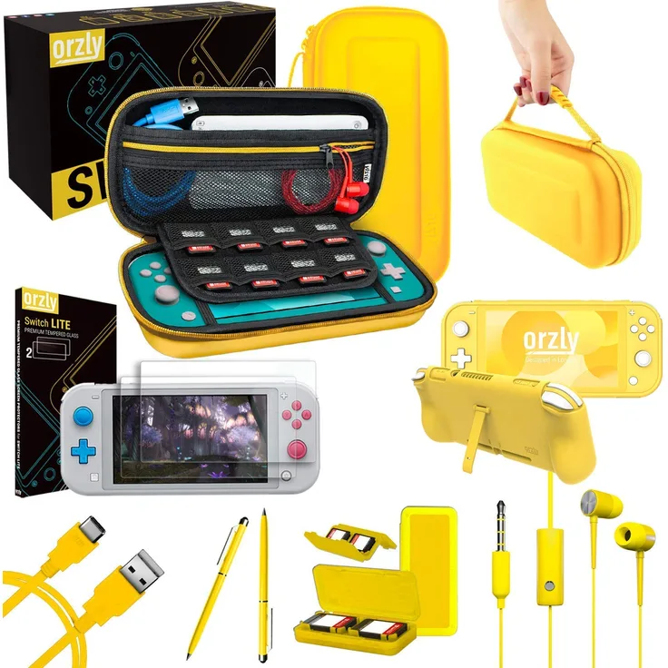 Orzly Switch Lite Accesoires, Zubehör für Nintendo Switch Lite (2019) Panzerglas Schutzfolien, USB Ladekabel, Konsole Tragetasche, Spiele Patronenhülse, Comfort Grip Case, Kopfhörer - Gelb - Preisvergleich