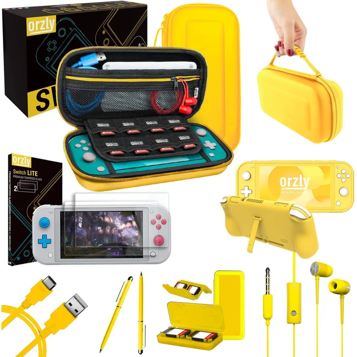 Orzly Switch Lite Accesoires, Zubehör für Nintendo Switch Lite (2019) Panzerglas Schutzfolien, USB Ladekabel, Konsole Tragetasche, Spiele Patronenhülse, Comfort Grip Case, Kopfhörer - Gelb - Preisvergleich – Bild 1