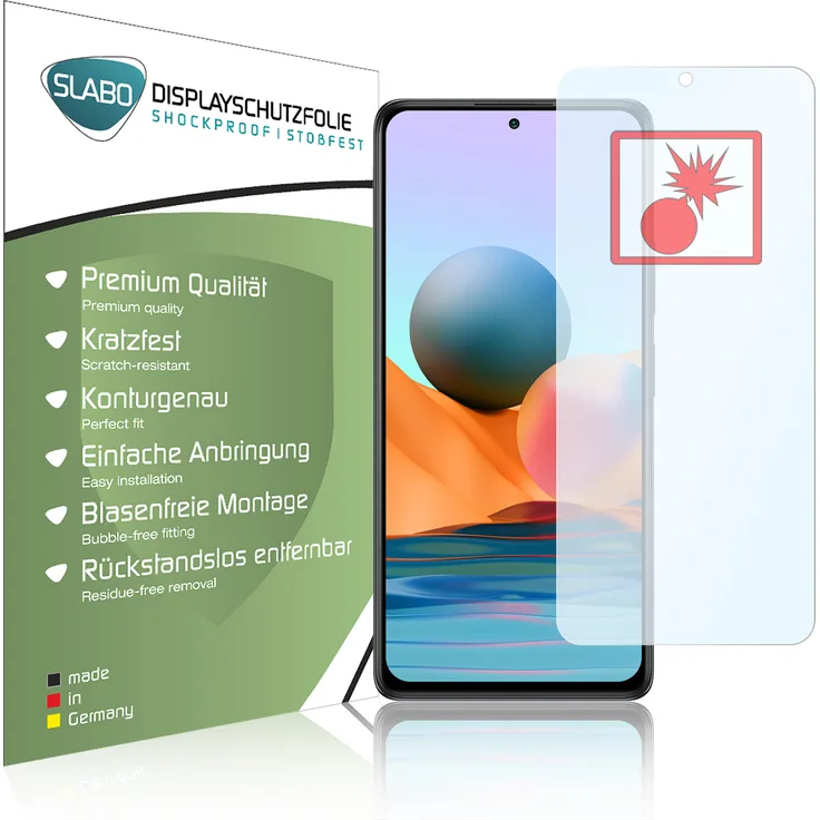 2x Slabo Panzerschutzfolie, geeignet für Xiaomi Redmi Note 10/10s, KLAR Shockproof (verkleinerte Folien) Displayfolie Schutzfolie Folie, Displayschutzfolie, transparent