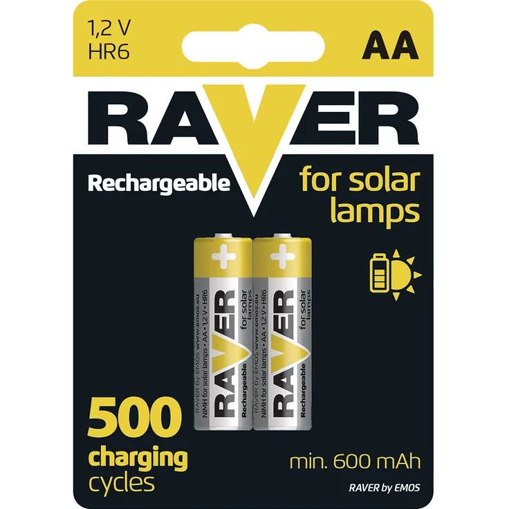 EMOS Raver Solar AA Mignon Akkus-aufladbare Batterien für Solarlampen - 2 Stück-NiMH - 1,2V - 600 mAh - HR6 - Rechargeable, 1.2 V