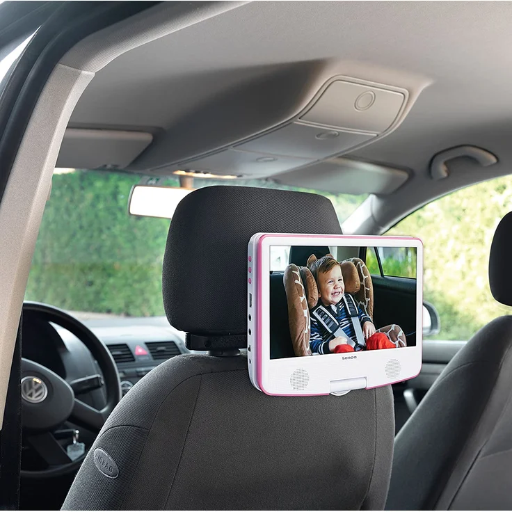 Lenco tragbarer DVD-Player DVP-910 9 Zoll (22,5 cm) mit drehbarem Display und Integriertem Akku (USB, AV-Ausgang), Netzadapter, Kopfhörer, weiß/pink – Bild 3