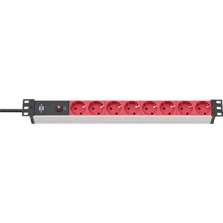 Brennenstuhl Alu-Line 19'' Steckdosenleiste - Steckerleiste 8-fach für Schaltschränke (Mehrfachsteckdose 19 Zoll mit 10A Sicherungsautomat und Kaltgeräte-Stecker, 2m Kabel) silber-rot – Bild 1