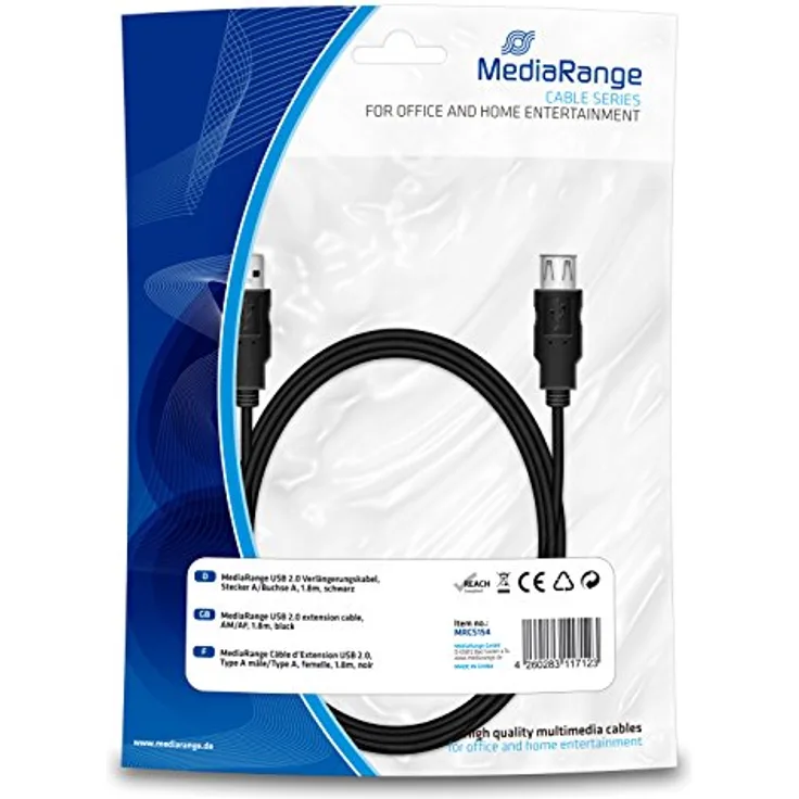 MediaRange MRCS154 USB 2.0 Verlängerungskabel, Stecker A auf Buchse A, 1,8m schwarz
