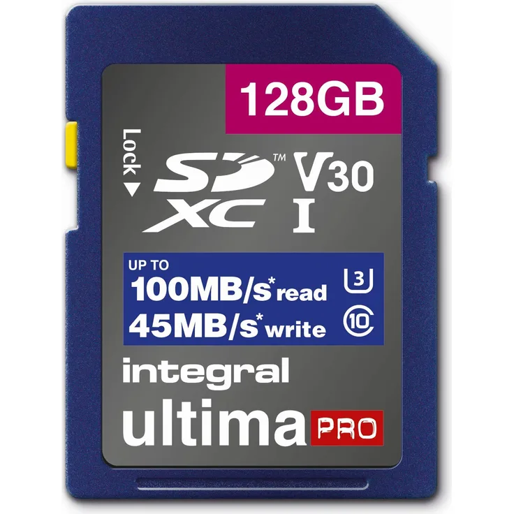 Speicherkarte 128 GB SDxC Premium, sehr hohe Geschwindigkeit bis zu 100 MB-s Lesen, 45 MB-s Schreiben, Klasse 10 V30 UHS-I U3, by Integral Memory