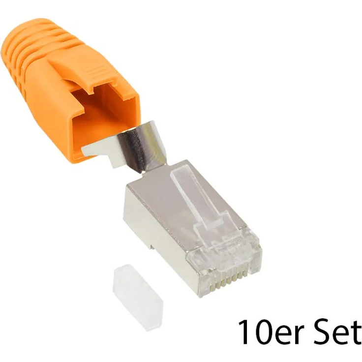 Good Connections RJ45 Netzwerkstecker Cat.6A - 10er Sparset - Stecker geschirmt - inkl. Zugentlastung und Einfädelhilfe - Orange