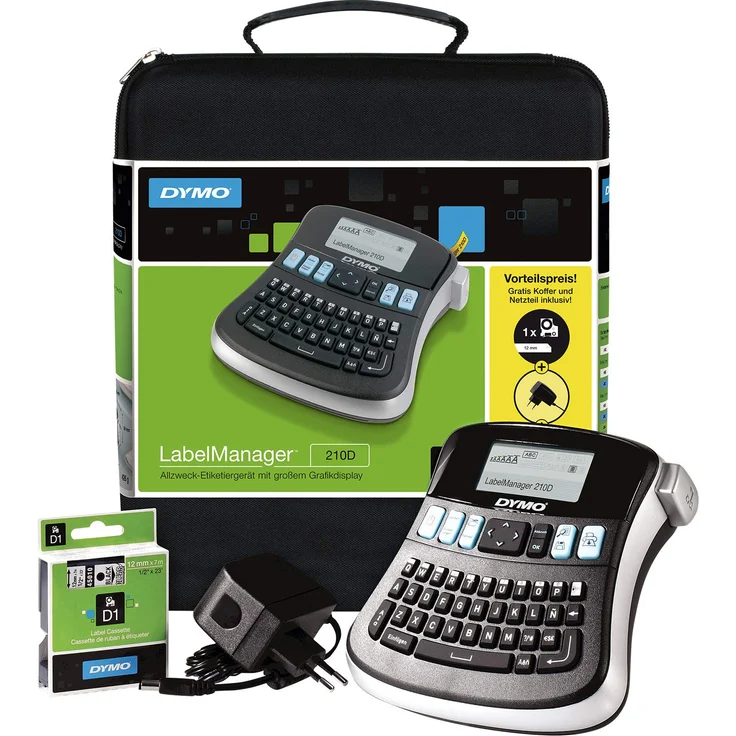 DYMO LabelManager 210D Handheld-Etikettendrucker-Set, QWERTY-Tastatur, mit 12 mm schwarzen auf weißen D1-Etiketten und Tragetasche – Bild 1