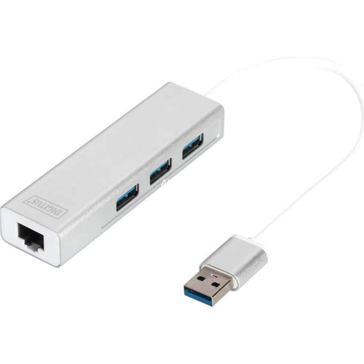 DIGITUS USB-Hub - 3 Ports - RJ45 Ethernet-Anschluss - Super-Speed USB 3.0 - 5 GBit-s - Gigabit LAN - Aluminium-Gehäuse – Bild 1
