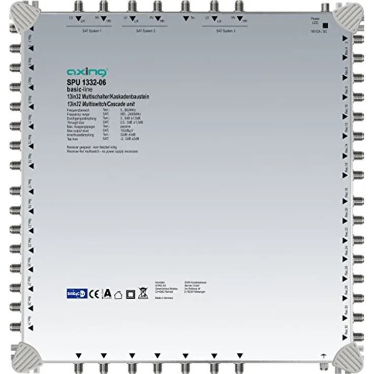 Axing SPU 1332-06 Multischalter 13 in 32 ''DiSEqC'' Multiswitch-Kaskade erweiterbar SAT aktiv hellgrau