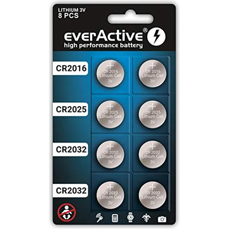 everActive Mix 2X CR2016, 2X CR2025, 4X CR2032 3V Lithium Knopfzelle Batterien, leistungsstärkste Batterie, 10 Jahre Haltbarkeit, 8 Stück -1 Blisterkarte