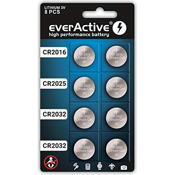 everActive Mix 2X CR2016, 2X CR2025, 4X CR2032 3V Lithium Knopfzelle Batterien, leistungsstärkste Batterie, 10 Jahre Haltbarkeit, 8 Stück -1 Blisterkarte – Bild 1