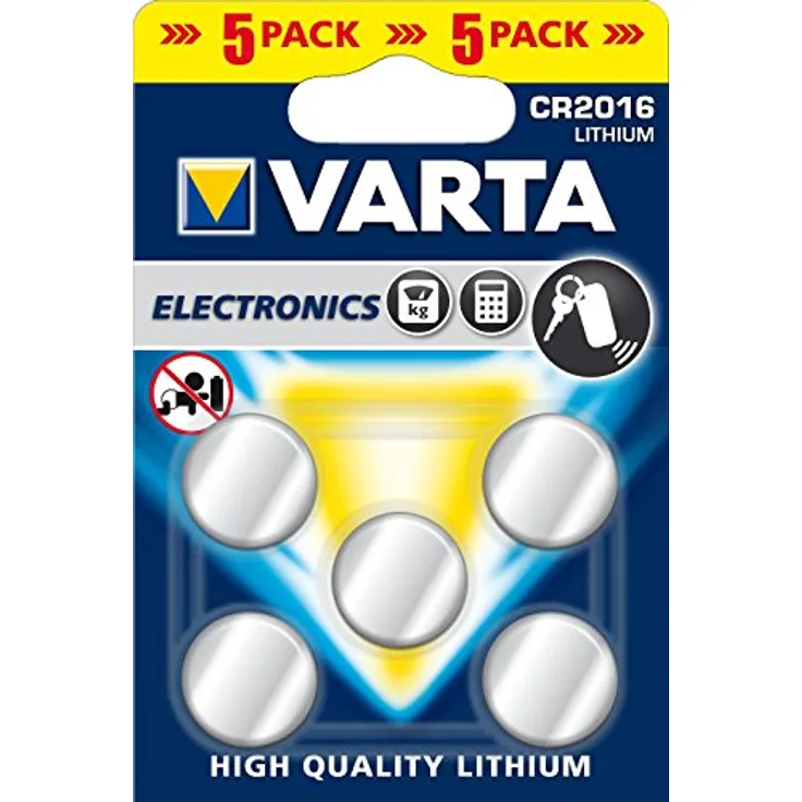 VARTA CR2016 Lithium Knopfzellen 3V Batterie in Original Blisterverpackung, 5er Pack