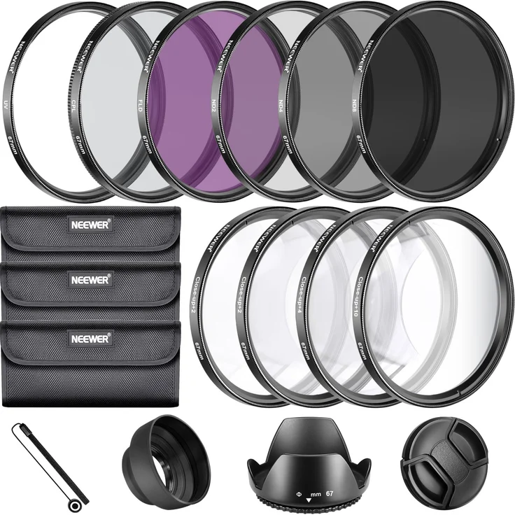 Komplettes Objektivfilter-Zubehör-Kit, 67 mm, von Neewer® für Objektive mit Filtergröße 67 mm:UV-, CPL-, FLD-Filter-Set + Makro-Nahaufnahmen-Set (+1, +2, +4, +10) + ND-Filter-Set (ND2, ND4, ND8) + andere.