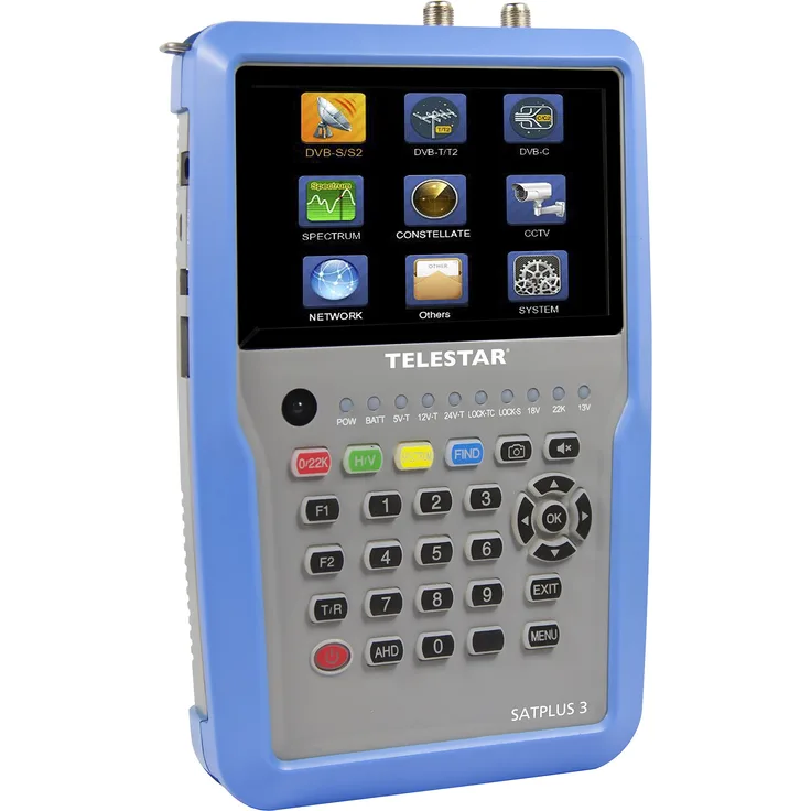 Telestar 5401253 ''SATPLUS 3'' Messgerät (DVB-S--S2--C--C HD--T--T2-H.265-HEVC-SAT-IP, 12,7cm (5 Zoll) LCD-Farbdisplay inkl. Live Bild, 14 Sprachen) silber-blau