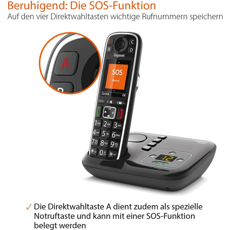 Gigaset E720A elegantes Seniorentelefon mit Anrufbeantworter und praktischen Bedienungshilfen (DECT Telefon mit Rufnummeransage, Bluetooth, SOS Funktion, einfacher Bedienung), Analog-Telefon, schwarz – Bild 4