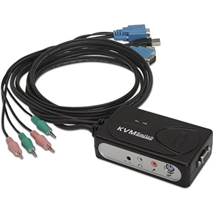 Nanocable 10.12.0001 - Switch KVM Switch zur Steuerung von 2 PCs mit einer einzigen Tastatur, Maus, Monitor und Lautsprechern, VGA USB 1U-2PC mit Kabel, schwarz