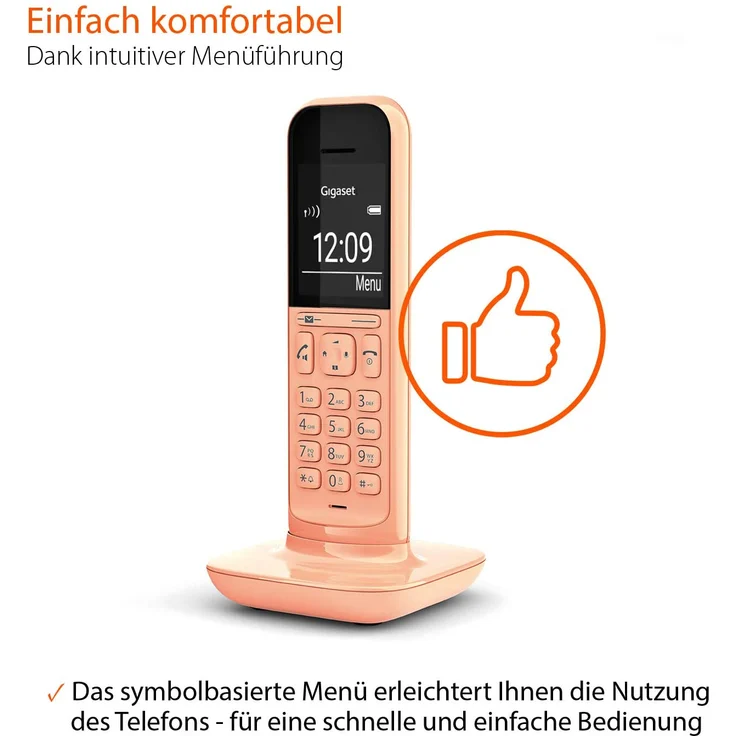 Gigaset CL390A schnurloses Design-Telefon mit Anrufbeantworter, DECT Telefon mit Freisprechfunktion, großem Grafik Display, leicht zu bedienen mit intuitiver Menüführung, Cantaloupe, Analog-Telefon, orange – Bild 5