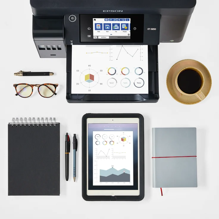 Epson EcoTank ET-5800 4-in-1 Tintenstrahl-Multifunktionsgerät (Drucker, Scanner, Kopierer, Fax) Auflösung: 1200 x 4800, USB, LAN, WLAN 802.11a/b/g/n/ac, Mobile Print, AirPrint, Wi-Fi Direct, Cloud Print (C11CJ30401) – Bild 7