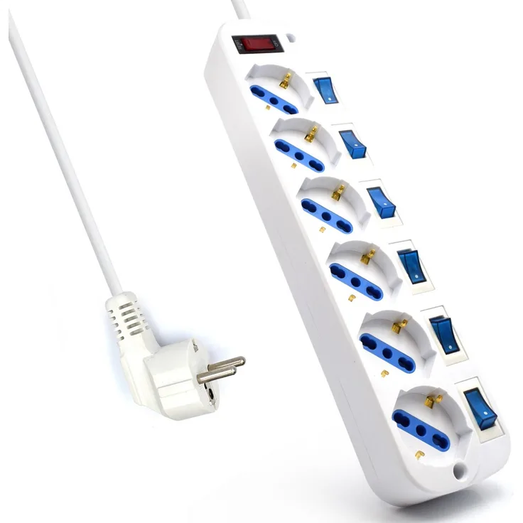 Ewent EW3932-3M 6-fach Steckdosenleiste mit Überspannungsschutz und mit Eigenen Beleuchteten Schaltern für jede Buchse, 3, 0 m Kabel, weiß