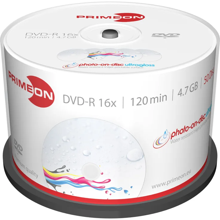 PRIMEON DVD-R 4.7GB-120Min-16x Cakebox (50 Disc), photo-on-disc ultragloss Surface, Water resistant Inkjet Fullsize Printable