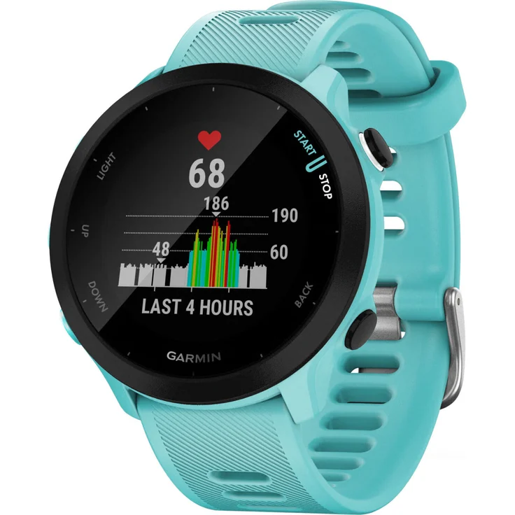 Garmin Forerunner 55 Smartwatch GPS, Unisex, 42mm, Silikonarmband, Schwarz/Türkisblau – Bild 1