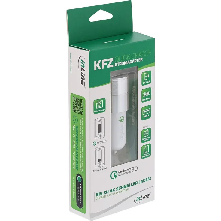 InLine 31502W USB KFZ Stromadapter Quick Charge 3.0, 12-24VDC zu 5V DC-3A, USB-A + USB Typ-C, weiß