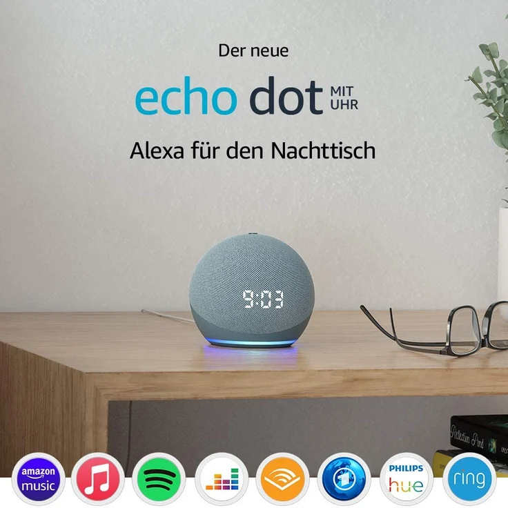 Amazon Echo Dot mit Uhr (4. Generation) Smart Clock für den Nachttisch, mit Alexa, Blaugrau – Bild 2