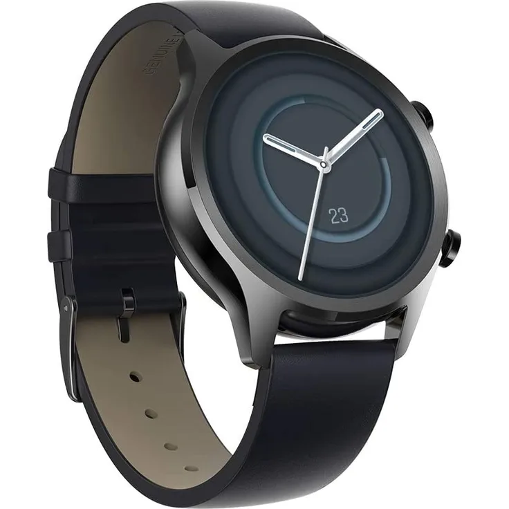 Mobvoi TicWatch C2+ GPS, Unisex, 42,8mm, Edelstahlgehäuse, Lederarmband, Schwarz