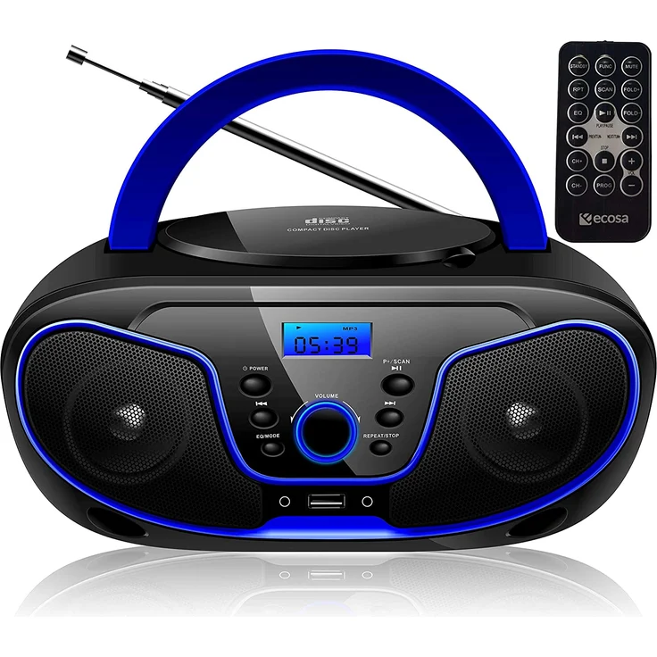Ecosa EO-2200 Boombox, tragbarer CD-Player, FM-Radio, AUX-In, geeignet für Kinder, schwarz, blau – Bild 1
