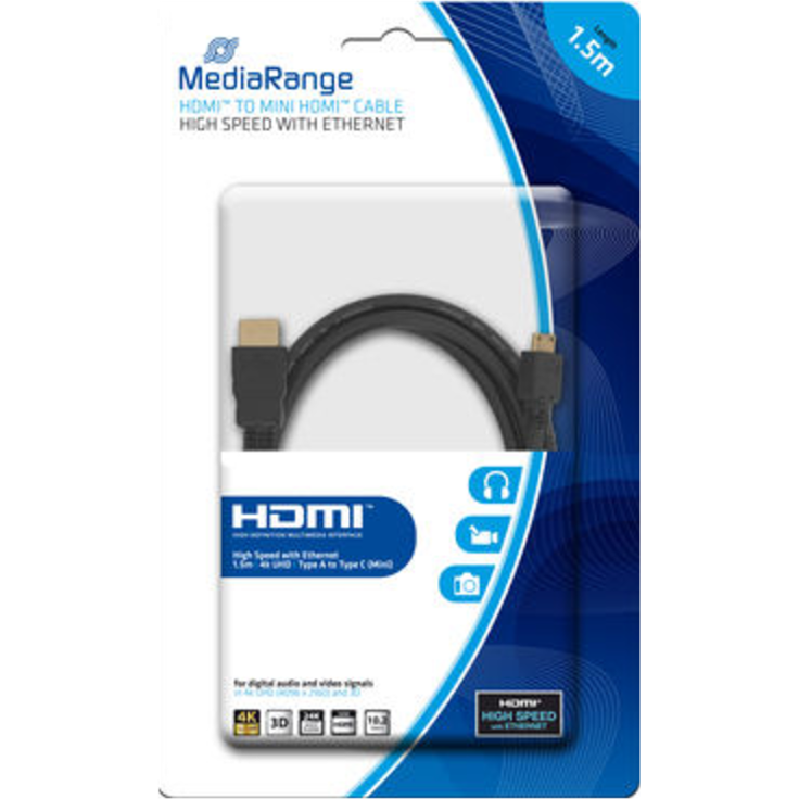 MediaRange HDMI auf Mini HDMI High Speed Anschlusskabel mit Ethernet, vergoldete Kontakte, 10.2 Gbit-s Datenübertragungsrate, 1.5m, schwarz