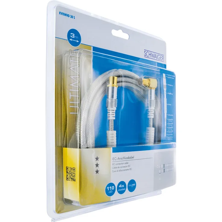 Schwaiger Premium Antennen Anschlusskabel 110 dB mit Ferritkern, 3,0m, transparent, IEC Stecker > 90° IEC Winkelbuchse, 4-Fach Schirmung, 75 Ohm, digital, HDTV, DVB-C-DVB-T2
