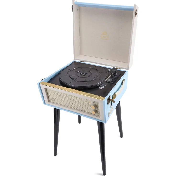 GPO Bermuda Plattenspieler, Klassischer Schallplattenspieler im Retro Stil mit MP3-USB, integriertem Lautsprecher, Blau