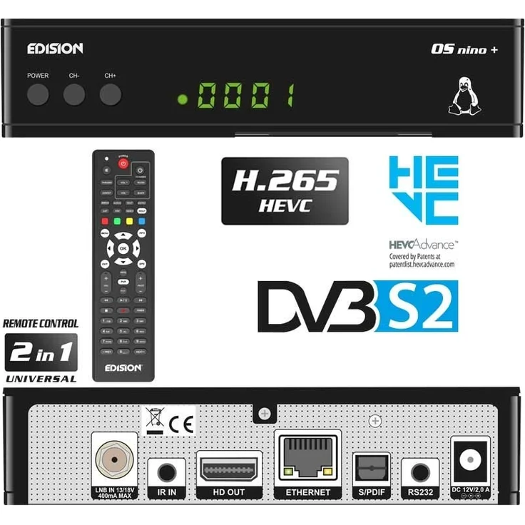 Edision OS NINO+ Full HD Linux E2 Sat Receiver H.265/HEVC 1x DVB-S2, 2X USB, HDMI, LAN, Linux, Kartenleser, 1080p [Vorprogrammiert für Astra] – Bild 1