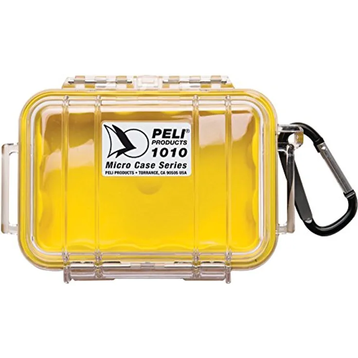 PELI 1010 Kleiner Schutzbehälter Peli Micro Case für Sensible Utensilien, IP67-Zertifiziert, 0,3L Volumen, Hergegestellt in den USA, Transparent-Gelbe Grummieinlage