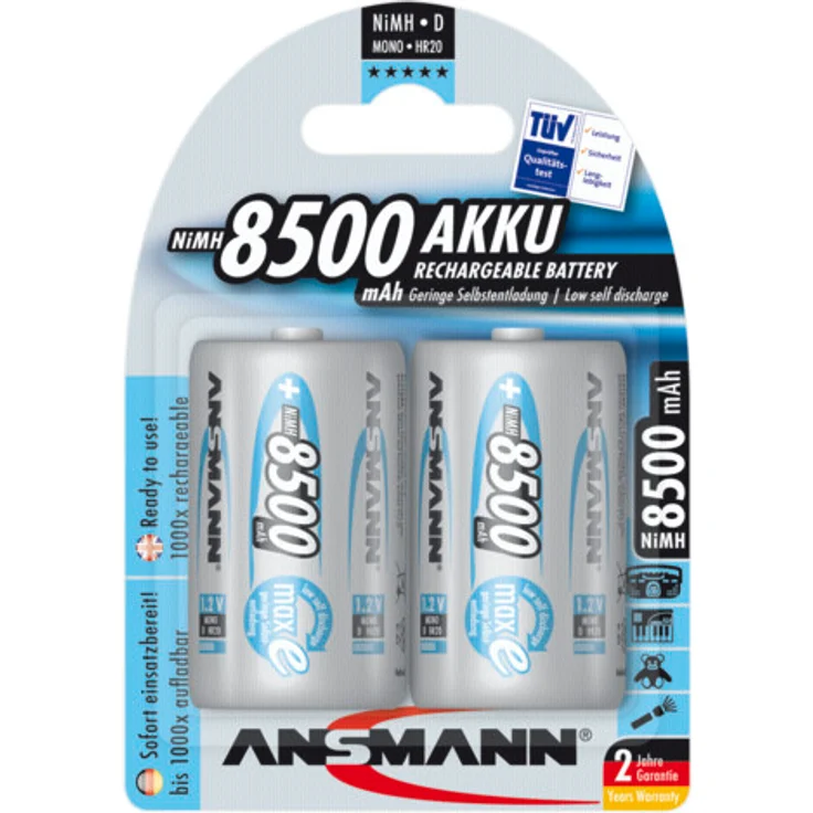 ANSMANN Akku D Mono 8500mAh 1,2V NiMH 2 Stück für Geräte mit hohem Stromverbrauch - Wiederaufladbare Batterien maxE - Akkus für Spielzeug, Taschenlampe, Radio, Modellbau uvm - Rechargeable Battery – Bild 1