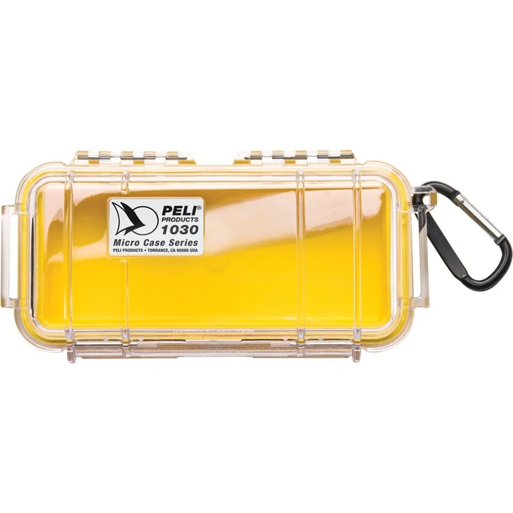 PELI 1030 Micro Case, Schutzbox für Sensibles Equipment, IP67 Wasser- und Staubdicht, 0,6L Volumen, Hergestellt in den USA, Transparent- Gelb Gummieinlage