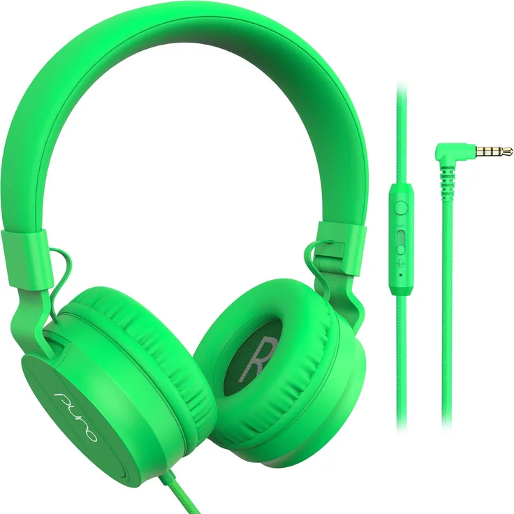 PuroBasic Volume Limiting Wired Headphones for Kids, Boys, Girls 2+ Foldable & Adjustable Headband, Compatible with iPad, iPhone, Android, PC & Mac – by Puro Sound Labs, (Green)