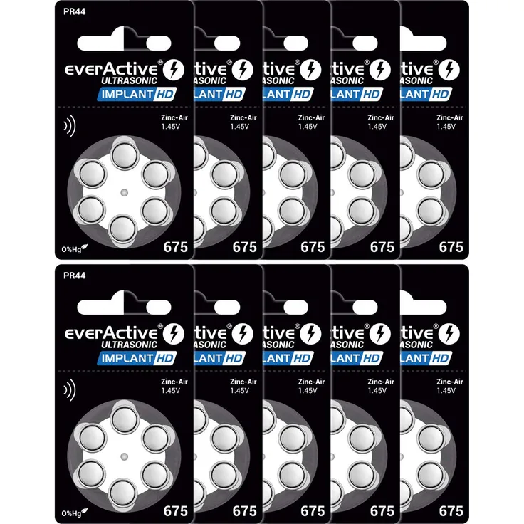 everActive 675, 60 Stück, Hörgerätebatterien, hohe Leistung, Zink-Luft-Batterien, 10 Blisterkarte, 4-jährige Haltbarkeit, blau, Implant HD PR44