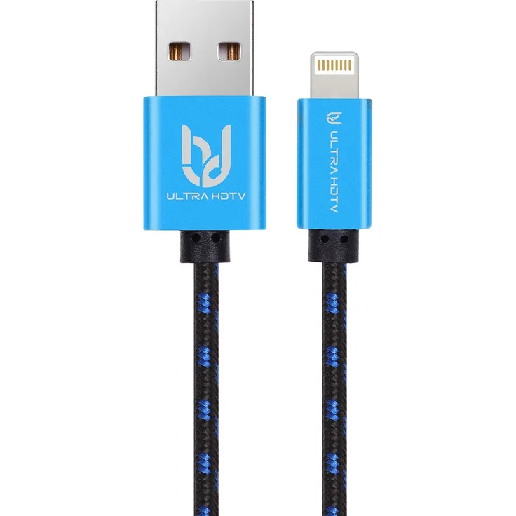 Ultra HDTV USB - Lightning Kabel, Anschluss mit Metall Stecker und Nylon Mantel, kompatibel mit Apple Geräten mit 8-Pin Lightningkabel Anschluss, 1 m, Ladekabel, schwarz, blau