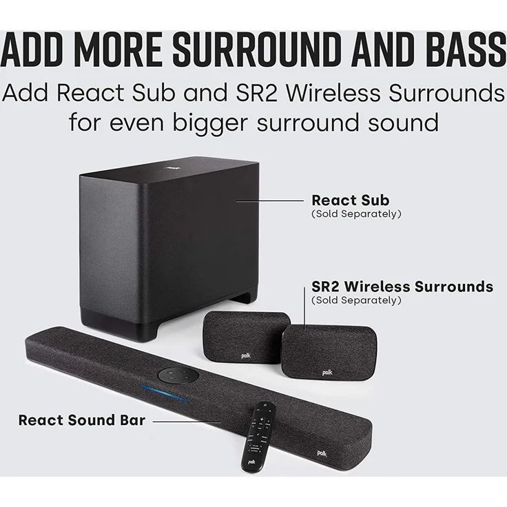 Polk Audio React 2.0 Soundbar mit Subwoofer, Dolby Atmos, Amazon Alexa, kabellos/kabelgebunden, geeignet für TV, schwarz  – Bild 6