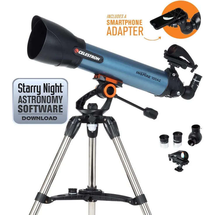 Celestron 22403 Inspire 100AZ Refraktor-Smartphone-Adapter integriert, Refraktor – Blau