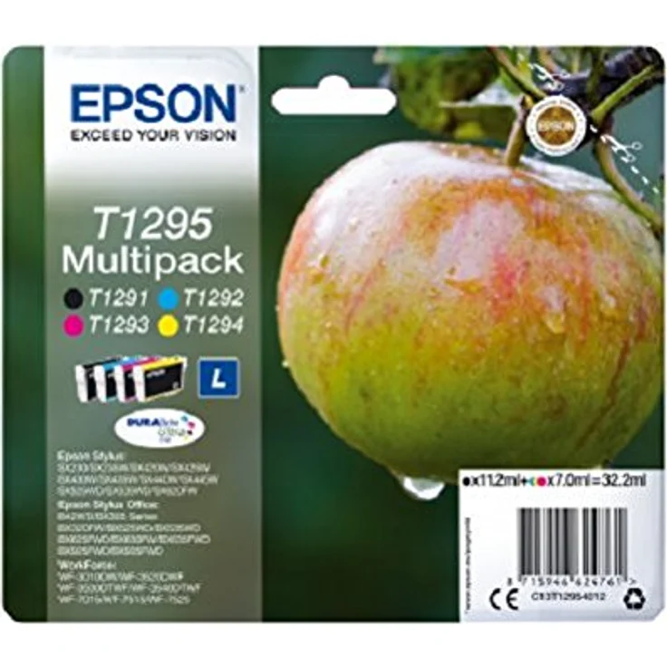 Epson Original T1295 Apfel Tinte Multipack (SX420W BX320FW SX620FW BX-SX525WD BX625FWD BX305FW B42WD BX925FWD BX635FWD BX535WD SX435-440W BX630FW SX235W WF7015 7515 7525 3010 3520 3540) 4-farbig – Bild 1