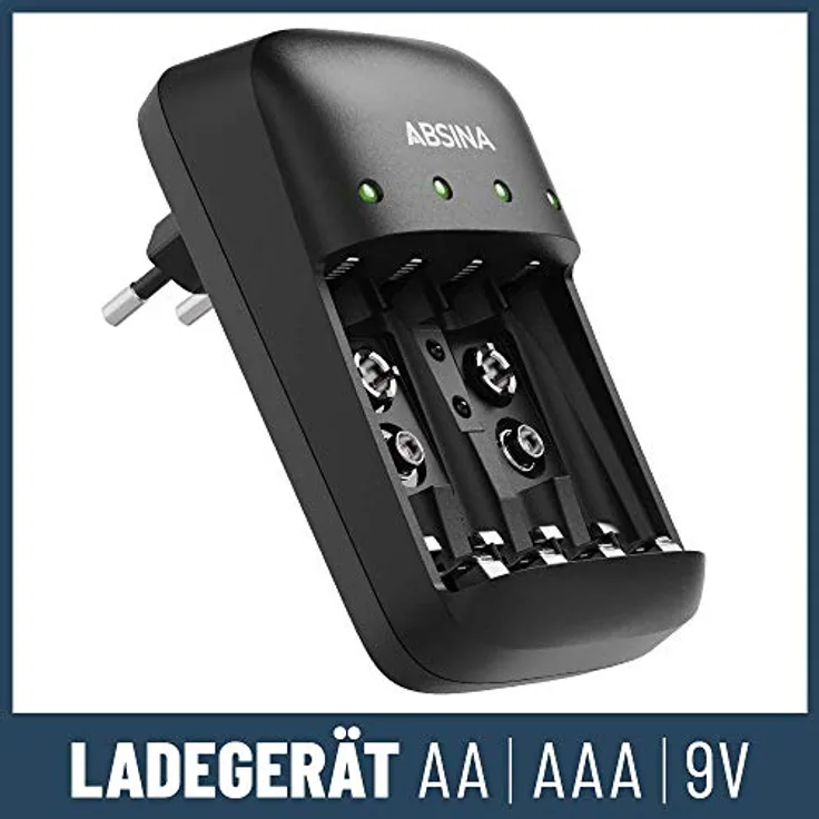 ABSINA Akku Ladegerät X4 für AA, AAA & 9V - Akkuladegerät 4-Fach zum Laden von wiederaufladbaren Akkus - NiMH Ladegerät Akku für Micro AAA, Mignon AA & 9V Block Akkus - Batterieladegerät
