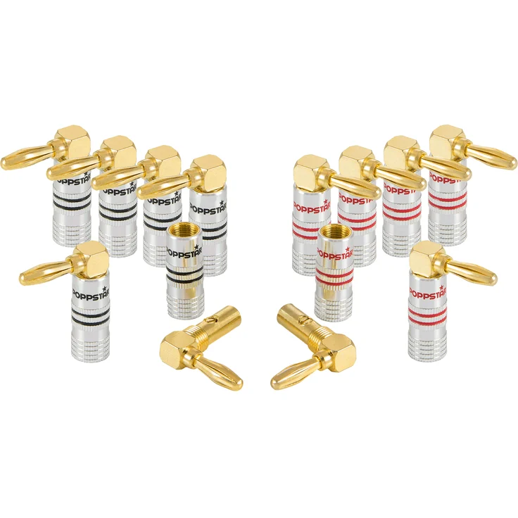 Poppstar 12x High End Bananenstecker gewinkelt, Bananas für Lautsprecherkabel (bis 6 mm²), Lautsprecher, AV Receiver, 24k vergoldete Kontakte (6x schwarz, 6x rot)