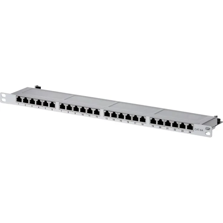 helos Patchfeld Cat. 6A 19'' 0,5HE 24 Port grau , Preisgünstiges geschirmtes LSA Patchpanel mit 1-2 Bauhöhe und 24 Anschlussports , zur Netzwerkinstallation