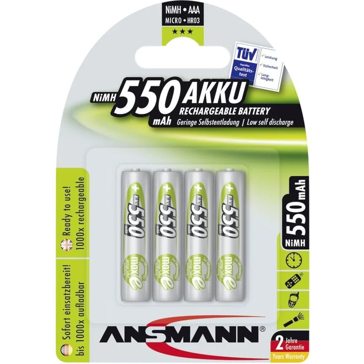 ANSMANN Micro AAA Akku 1,2V 550mAh - NiMH Accu mit maxE Technologie für hohe Langlebigkeit - Kein Memory Effekt Akkus - wiederaufladbare Batterien für Geräte mit hohem Stromverbrauch - 4 Stück – Bild 1