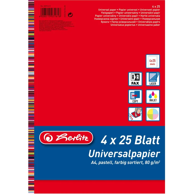 Herlitz 5031612 Universalpapier Colourmix pastell, A4, 80 g-qm, 100 Blatt farbig sortiert: rot, blau, grün, gelb
